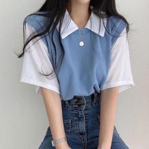 여성 여름 감성페이크 레이어드 티셔츠 골지 조끼 반팔티