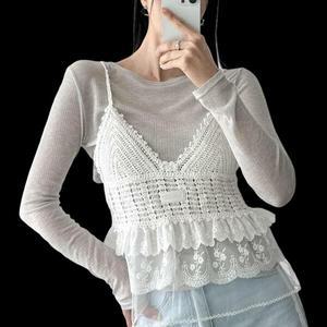 여자 프릴 펀칭 시스루 뜨개 레이스 뷔스티에
