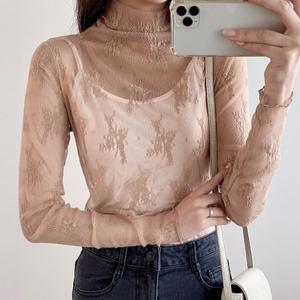 여성 레이어드 시스루 레이스 폴라 긴팔 티셔츠 -WTS0694- 봄 가을
