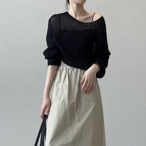 여성 여리여리 썸머 커버업 보트넥 루즈핏 그물니트티 크롭 시스루 긴팔니트 블랙 화이트 CH183