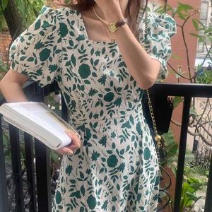 [오노마] ONM 나뭇잎 스퀘어넥 롱원피스 퍼프소매 셔링 허리스트링