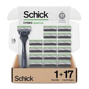 Schick 하이드로 스킨 남성용 컴포트 센서티브 5 블레이드 면도기, 핸들 1개 및 리필 17개