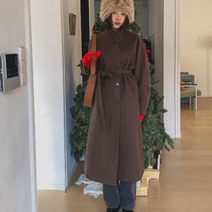 여자 겨울 클래식 하이넥 허리스트랩 모직 울 롱코트