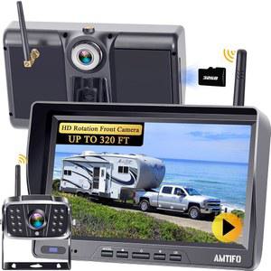 AMTIFO 무선 백업 카메라 듀얼: 전면 캠 360 회전 32GB TF 카드 1080P 레코드가 포함된 7인치 RV - 트레일러용 퓨리온 프리와이어 카메라와 호환됨 /트럭 /캠퍼