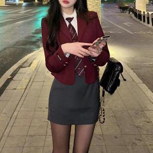 [BZI2LJ94_51IB]버건디 여자 숏자켓 교복세트 교복 학생복