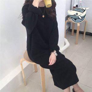 가벼운 무지 니트 롱 원피스 블랙 봄 가을 (WFGYSVE)