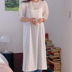 꽃펀칭 끈나시 레이어드 일자 레이스원피스