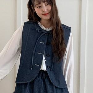 리본끈 청조끼 귀여운 슬림 크롭 스티치아웃 봄데님
