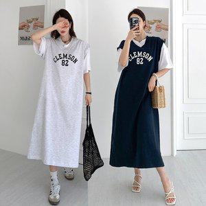 여성 봄 여름 면 브이넥 레이어드 조끼 롱 원피스 OP0479S 빅사이즈 루즈핏