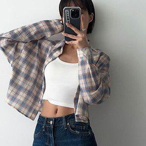[옷자락]여자 봄 긴팔 크롭남방 카라넥 힙한 배색 체크 셔츠