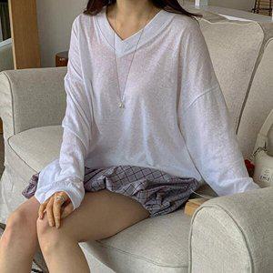 [옷자락]여자 아방핏 빅사이즈 퍼프 브이 시스루 긴팔 티셔츠