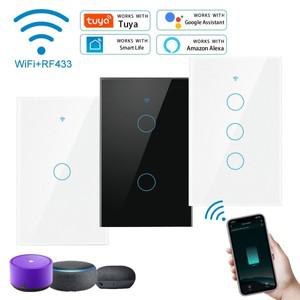 투야 스마트봇Tuya US WiFi 스마트 벽 스위치 RF433 123 Gang 중립 와이어 없음 터치 센서 LED 조명 홈 Ale