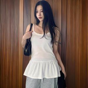 아트박스/신상오픈런 여성 심플 컬러 레이스 넥 프릴 롱 나시 티셔츠