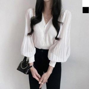 [셀러허브]퍼프  심플브이넥 블라우스 가디건 1P 하객룩 데일리 (S32189471)