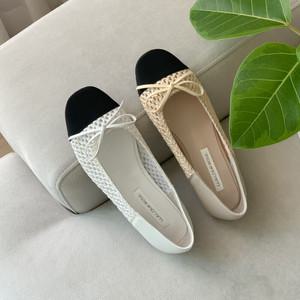 컴온슈 / 모린 앞코배색 메쉬 리본 플랫슈즈 우레탄굽 (1cm)