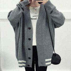 여자 라인 패션 스타일 오버핏 스타일 Euw 데일리 단추 롱가디건 가을