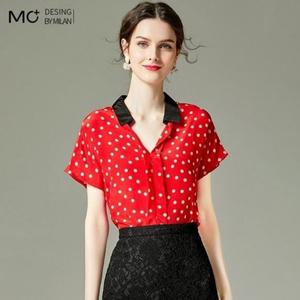 미디쉬폰 A라인 브이넥 프린트 실크 여름 플리츠 트렌