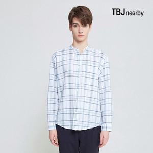 남성 코튼린넨 루즈핏 밴드카라 체크 셔츠 T202SH110P)