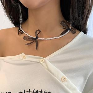 [OFLN912R]블랙리본펄목걸이 진주 여성 포인트 액세서리
