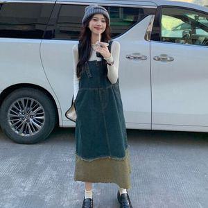 여성 캐주얼 빈티지 데님 배색 오버롤 멜빵 원피스