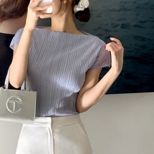 하이 보트넥 링클 플리츠 반팔 블라우스 bs7600