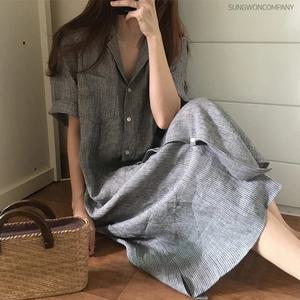 이너퀸 프리수 여성용 셔츠형 스트라이프 단가라 줄무늬 카라 빅사이즈 버튼 단추 롱 반팔 린넨 루즈단가라원피스