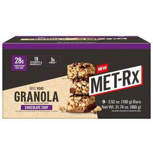 MET-Rx Big 100 그래놀라 단백질 바, 식사 대용 바, 단백질 28g, 초콜릿 칩, 9개 팩