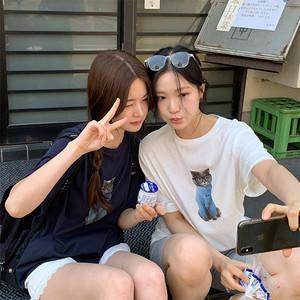 (캐주얼룩/루즈핏) 티노 고양이 프린팅 루즈핏 반팔 티셔츠 ts4486