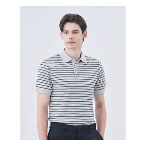헤지스 남성 24SS SOFT COTTON 그레이 스트라이프 인터록 반팔 카라 티셔츠 HZTS4B435G2