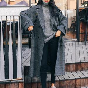 [RGL40Q00]박시핏 체크 모직 롱코트 오버핏 누빔 안감