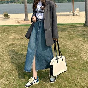 핀턱 A롱스커트 앞트임 3컬러 가을 청치마 A라인 핏 데님팬츠