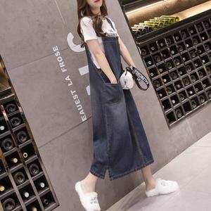 여성 청 멜빵 원피스 캐주얼 데님 롱원피스 데일리 진청 스커트