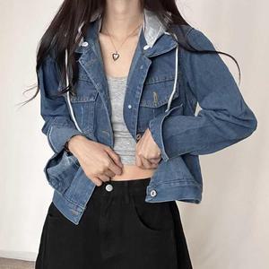 [JHQRHLBI_4B]후드 탈부착 가을자켓 단추 긴팔 데님 코디