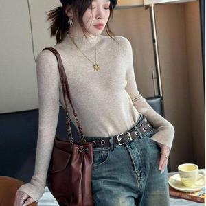 여성 긴팔 좋은 하프 신축성 터틀넥 데일리 목티