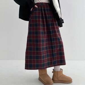 여자 러블리 겨울 체크 울치마 플레어 핀턱 롱스커트