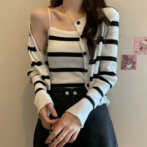 [오노마] ONM 패션 여성 데일리 단가라 골지 니트 가디건 나시 세트