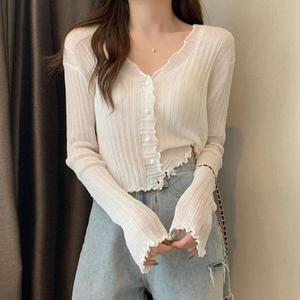[BZJKRM1R_4B]여성 프릴 얇은 브이넥 시스루 가디건