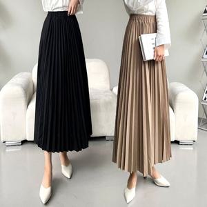여성 플리츠 허리 밴딩 전체 주름 롱 스커트 치마