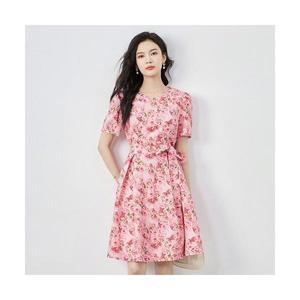 여성 예쁜 쉬폰 원피스 여름 라운드넥 반팔 하이웨스트 프린트 크레이프 미니 드레스 스포M2