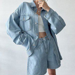 [신세계라이브쇼핑][옷자락] 여자 연청 오버핏 포켓 데님셔켓 와이드 청반바지 세트