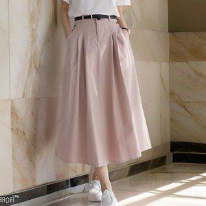 [옷자락]여자 A라인 핀턱 뒷밴딩 코튼 벨트 롱스커트_P388006482