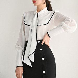 랜덤플레이 타이넥 라인 포인트 벌룬 소매 블라우스 화이트 도메가능