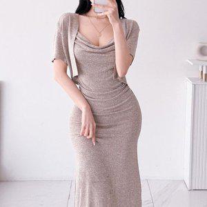 [옷자락]여성 끈나시 머메이드 롱 원피스 반팔 볼레로 세트_P391443663