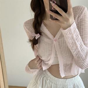 여성 여리핏 프릴 시스루 브이넥 크롭 긴팔 가디건