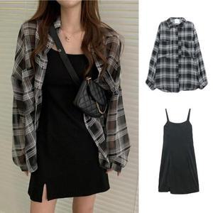 [셀러허브]끈나시원피스스타일 체크셔츠 땡땡이원피스 셋트 가을셔츠 (S31569137)