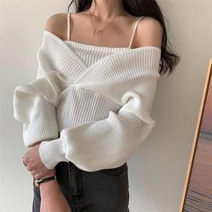 [셀러허브]브이넥 베이세련직 여성 오프숄더 끈 올데이 봄 니트 티셔 (S32195984)