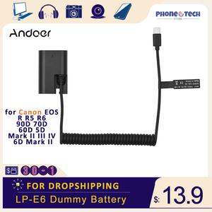 Andoer LP-E6 더미 배터리 USB-C 커플러 어댑터 캐논 EOS R R5 R6 90D 70D 60D 5D 마크 II III IV 6D II용