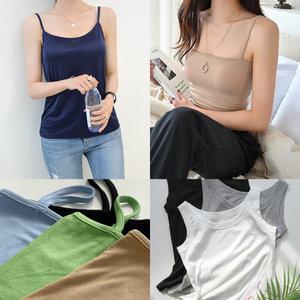 데일리앤 봄 여름 민소매 스판 기본 골지 슬림 스트라이프 롱 프릴 쉬폰 레이어드 나시 티셔츠 모음