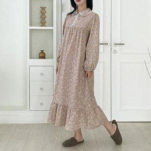 [옷자락]여자 레이스 셔링 잔꽃 카라넥 파자마원피스 잠옷_P330649957