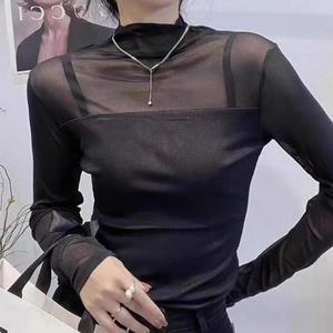 [오노마] ONM 시스루 폴드넥 망사 티셔츠 슬림핏 이너티